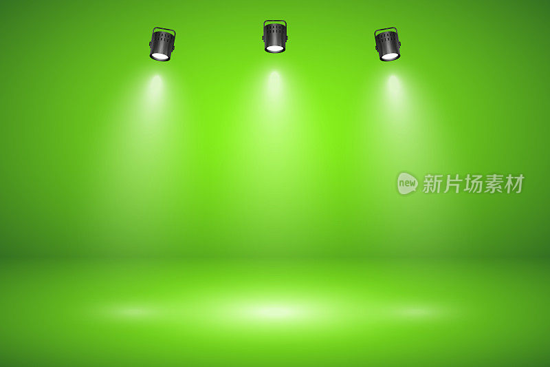Empty green studio abstract background with spotlight effect. Product showcase backdrop. Chroma key compositing